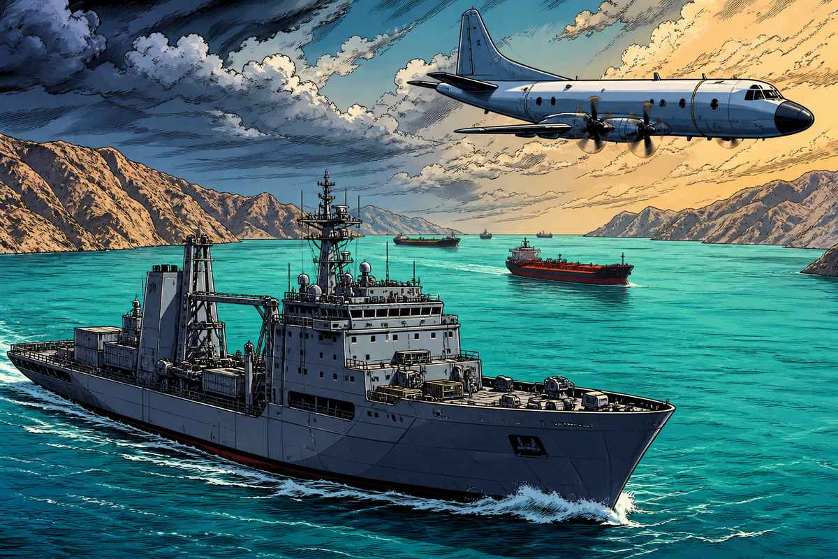 Comic-style illustration of a naval support ship and patrol aircraft near the Strait of Hormuz