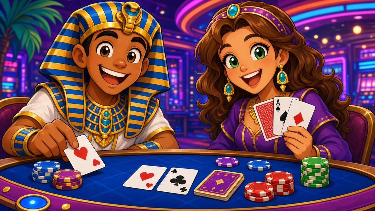 Cartoon pharaoh and card dealer at a blackjack table