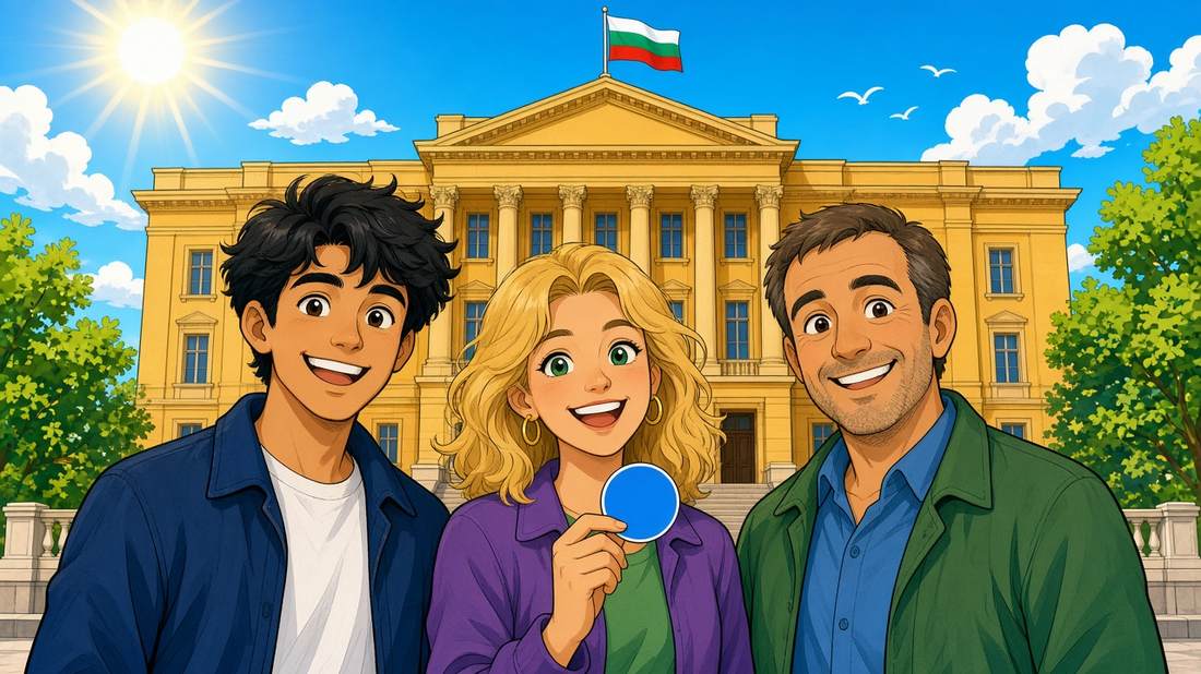 Comic illustration of fictional Bulgarian citizens outside a parliament building