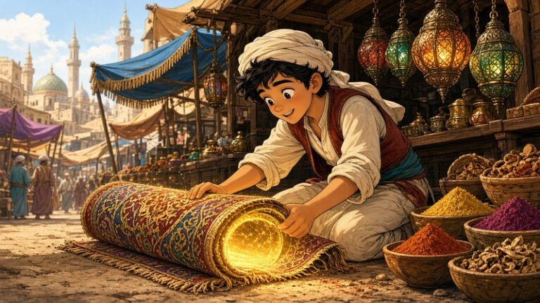 Apprentice discovering a glowing magic carpet in a Baghdad bazaar