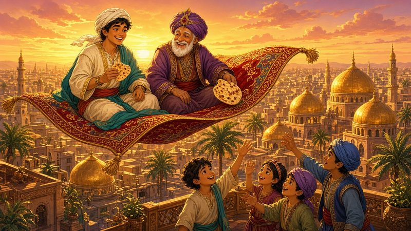 Apprentice and merchant flying over Baghdad on a magic carpet