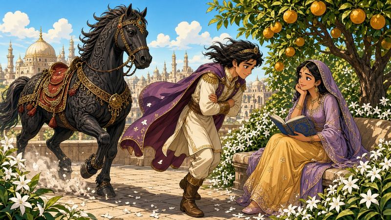 The prince and the ebony horse land in Princess Shams garden