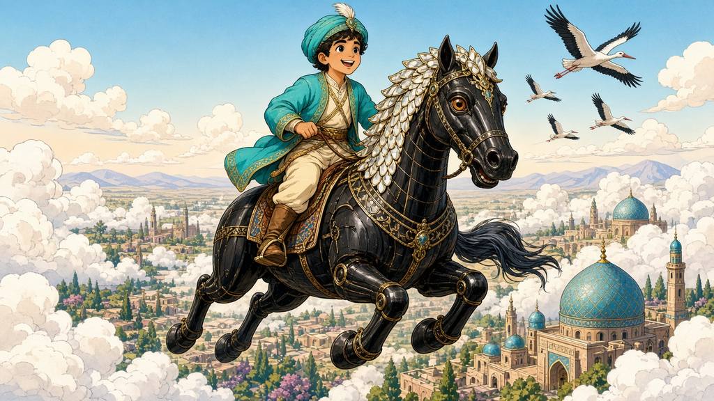 Prince Tamir flying the ebony horse above Shiraz