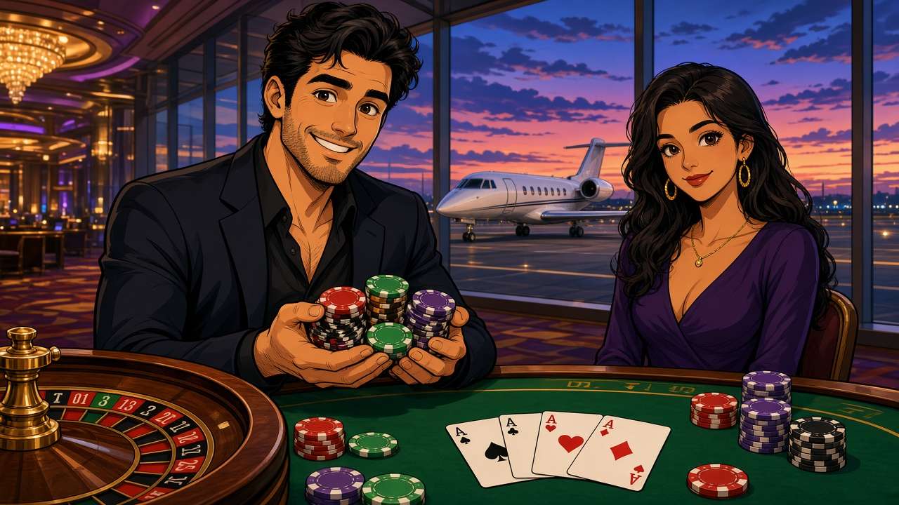 Comic-style casino table with chips and a private jet outside — fictional cartoon scene