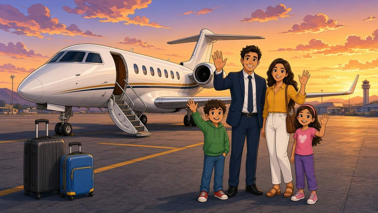 Comic-style private jet farewell on the tarmac