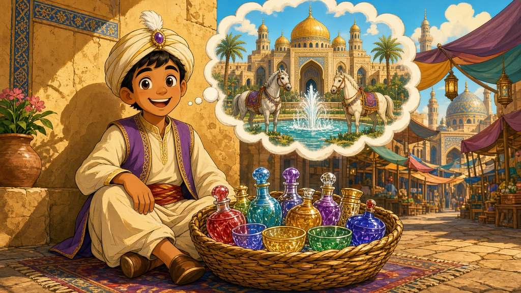 Alnaschar daydreams beside his basket of colorful glass in the Baghdad bazaar