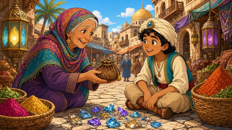 A kind old woman hands Alnaschar a purse beside his broken glass