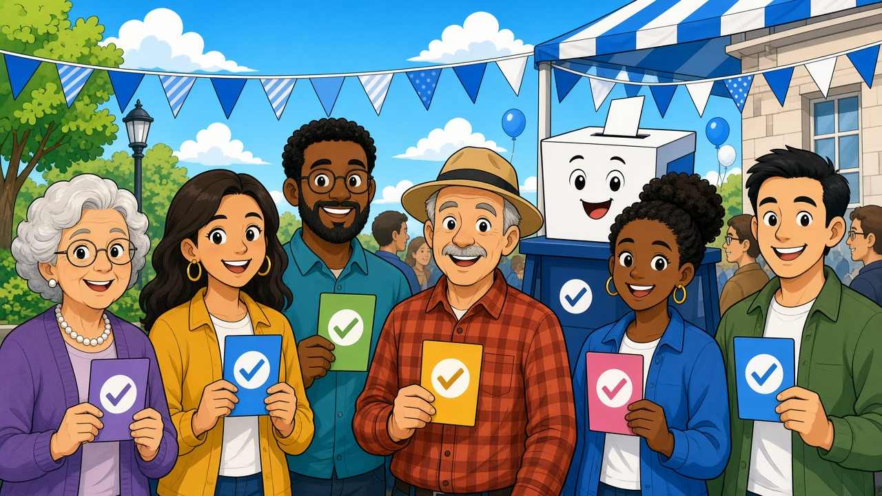 Cartoon voters hold colorful ballots at a sunny outdoor polling station