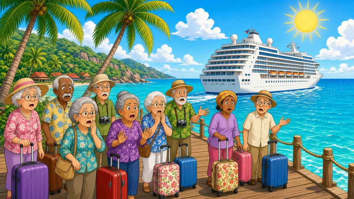 Comic of cruise passengers with suitcases leaving a ship in a tropical port