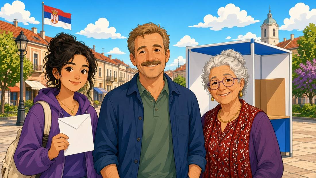 Comic illustration of fictional Balkan voters at a sunny election booth