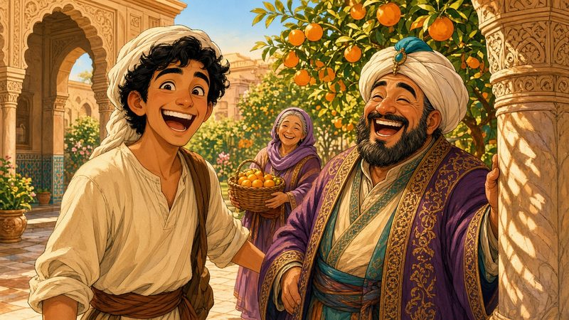 Abu al-Hasan and Caliph Harun al-Rashid laughing in an orange garden