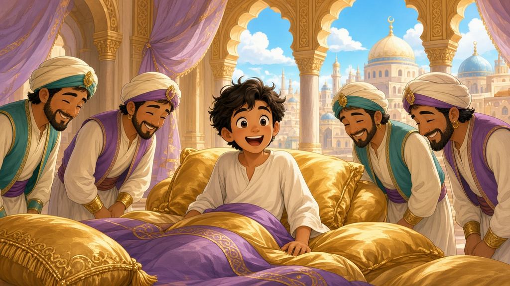 Abu al-Hasan wakes up as Caliph on golden palace cushions