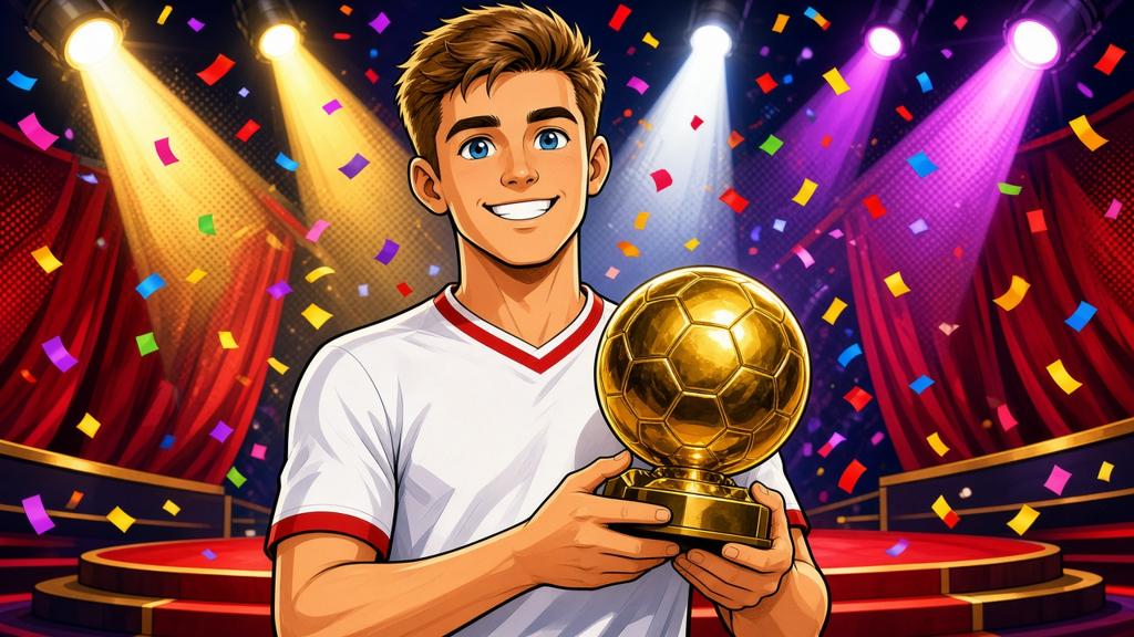 Comic illustration of a cartoon footballer holding a golden ball trophy
